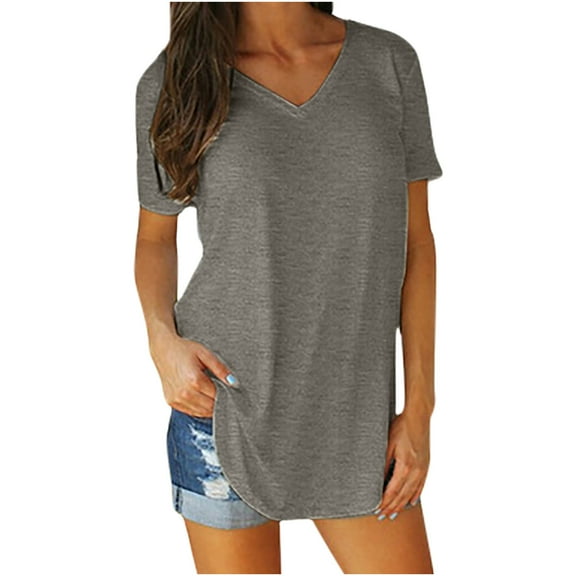 USSUMA Tops for Women Trendy Fashion Woman V-Neck Short Sleeve Tops T-Shirt Summer Solid Loose Blouse Casual Festival Gift Gray Polyester XL