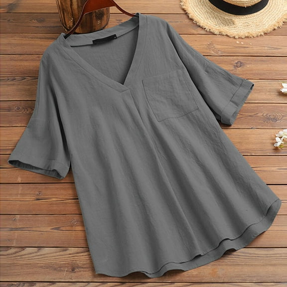 USSUMA Tops for Women Trendy Fashion Woman V-Neck Summer Short Sleeve Blouse T-Shirt Causal Solid Pockets Tops Casual Sale Gray Polyester S