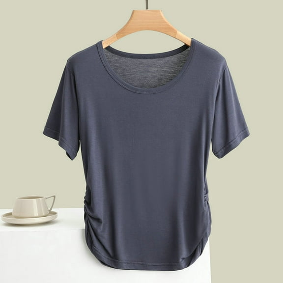 USSUMA Tops for Women Trendy Women'S Casual Fashionable Solid Color Short Sleeved Comfy Round Neck Top Casual Windproof Festive Fashion Navy L
