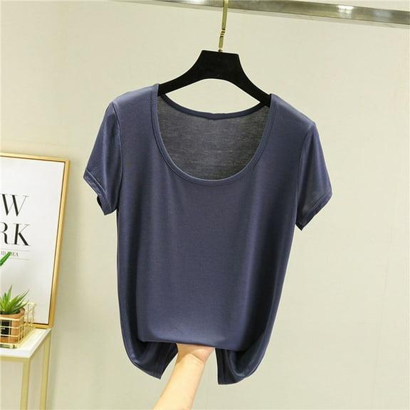 USSUMA Tops for Women Trendy Women'S Oversized Summer Solid Color Short Sleeved Round Neck Loose Top Trendy Breathable Online Shopping Navy Xl