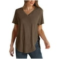 thumbnail image 1 of USSUMA Tops for Women Trendy Women's Fashion Solid V-Neck Short Sleeves Casual T-Shirt Top Trendy Coffee Polyester XL, 1 of 6