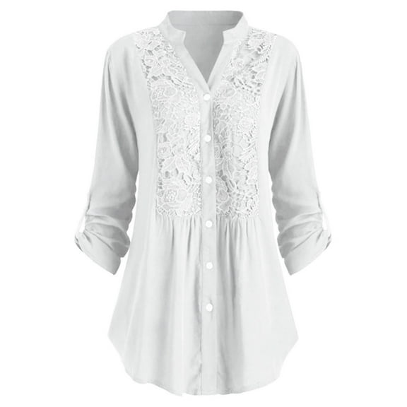 USSUMA Trendy Tops for Women Floral Lace Womens Dress Tops and Blouses V Neck Roll Long Sleeve Button Down Lace Shirt Blouses