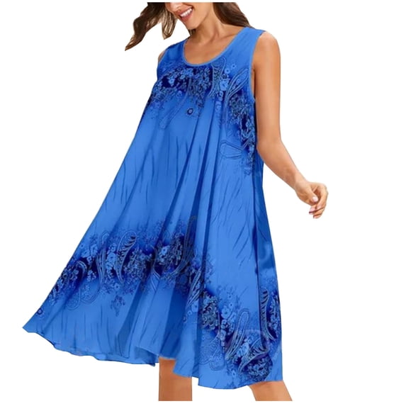 USSUMA Tropical Print Knee Length Beach Dresses for Women Casual Summer Round Neck Sleeveless Womens Sun Dresses Vacation Loose Flowy Tank Tshirt Sundresses Wedding Guest for Women