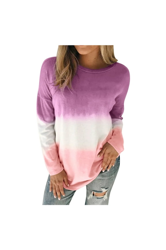 USSUMA Tunic Tops Plus Size, Soft Loose Fit Graphic Women's Pullover Tshirt Patchwork Landscape Long-Sleeves Activewear Running Jacket O-Neck Top Teen Tee Tops