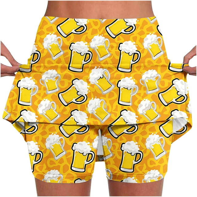 USSUMA Up to 50% off Womens Shorts Casual Prints Board Pull-on Beer Festival Tiered Lounging Mid Waist Sports Comfy Short Pants Leggings Classic Fit Flowy Shorts for Trekking Yellow L