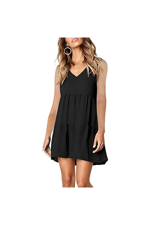 V Neck Mini Dresses for Women Summer Casual Loose Ruffle Short Dresses Sleeveless Boho Beach Party Sundress