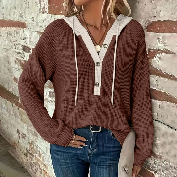 USSUMA Waffle Color Block Hoodie Sweatshirt for Women Button Up V Neck Loose Pullover Long Sleeve Tunic Tops Online Shopping