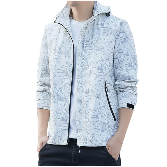 USSUMA Waterproof Jacket for Men Men's Jacket with Hood Long Sleeved Hooded Full Zipper Pocket Coat Stylish Solid Color Loose Outerwear Running Fall Top