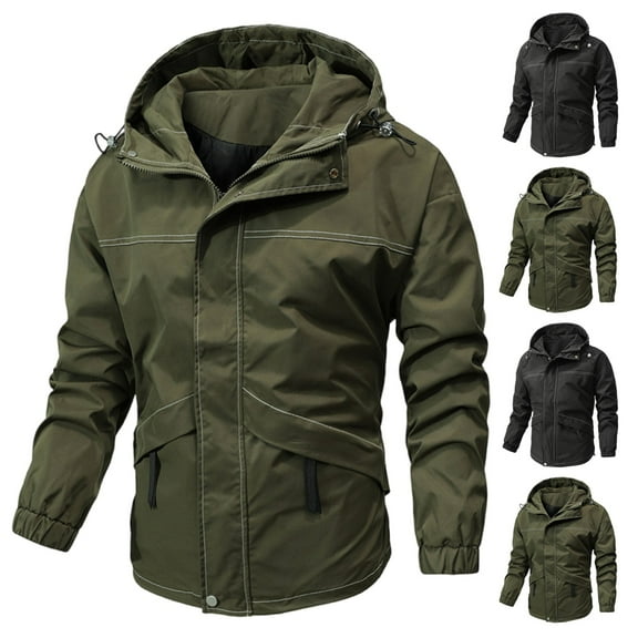 USSUMA Waterproof Jacket for Men Windproof Jacket Men Long Sleeved Hooded Full Zipper Pocket Coat Comfortable Solid Color Loose Outerwear Mountaineering Fall Top