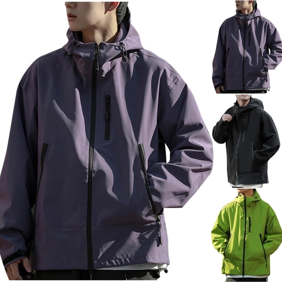 USSUMA Waterproof Jacket Rain Jackets for Men Long Sleeved Hooded Zipper Pocket Coat Comfortable Solid Color Loose Outerwear Climbing Fall Top