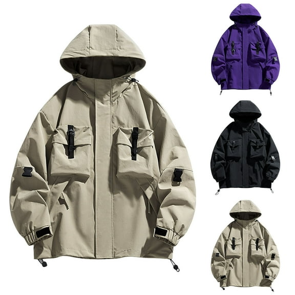 USSUMA Waterproof Jacket Wind Jacket Men Long Sleeved Hooded Full Zip Pocket Coat Trendy Solid Color Loose Outerwear Workout Fall Top