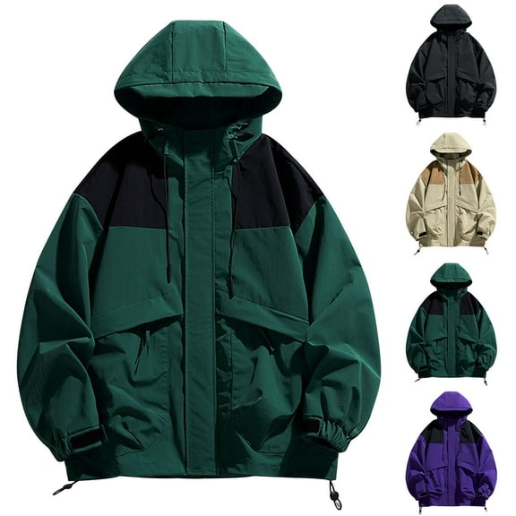 USSUMA Waterproof Jacket Windproof Jacket Long Sleeved Hooded Full Zip Pocket Coat Trendy Multicolor Loose Outerwear Fitness Fall Top