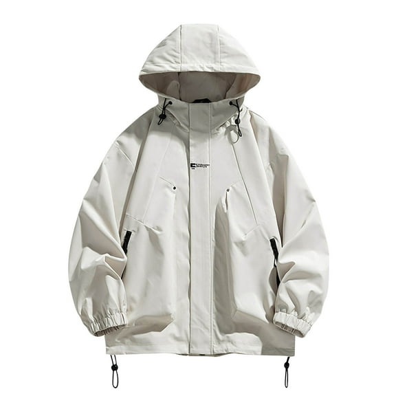 USSUMA Waterproof Jacket for Men Men's Windbreakers Long Sleeved Hooded Zipper Pocket Coat Comfortable Solid Color Loose Outerwear Party Fall Top