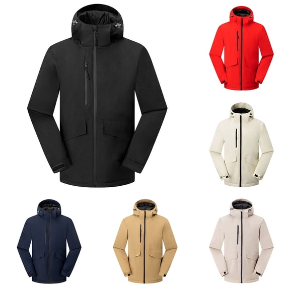 USSUMA Waterproof Jackets for Men Windbreaker Jacket Men Long Sleeves Hooded Zipper Pocket Coat Casual Solid Color Loose Outerwear Outdoor Fall Top