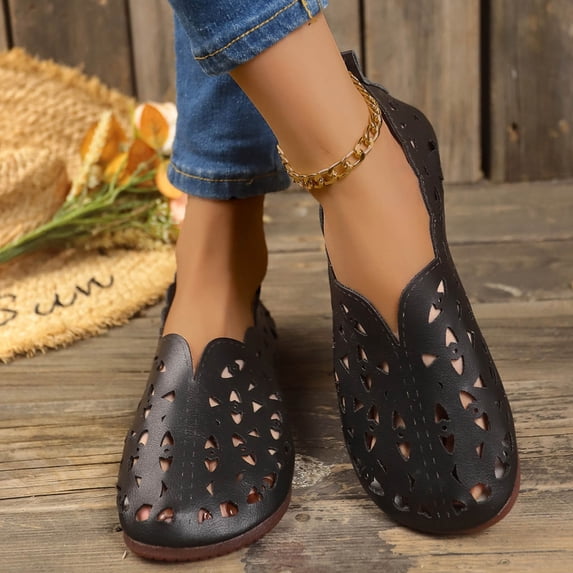 USSUMA Wedge Sandals for Women Women's Fashion Casual Summer New Large Size Hollow Carved Flat Round Toe Low-Top Shallow Sandals Cruise Vacation Sandals