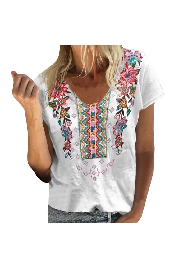 USSUMA Western Ethnic Style Womens Tops Summer Loose Fit Vintage Aztec Print Summer Top and Blouses Trendy Short Sleeve Shirts T-Shirt for Women Dressy V Neck Tunic Plus