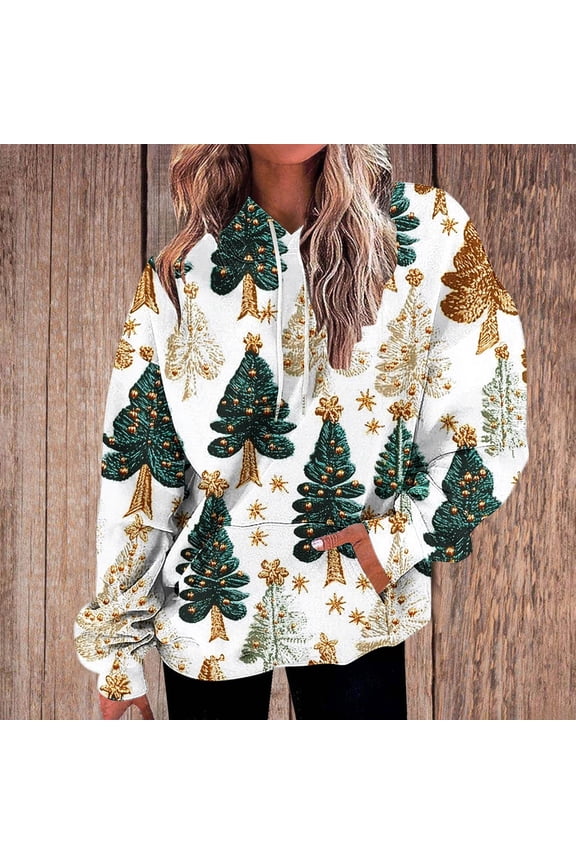 Woman Hoodie Christmas Pullover for Womens Long Sleeved Pocket Drawstring Pullover Print Leisure Plus Size Tops Lady Going out Fall Winter Shirt White