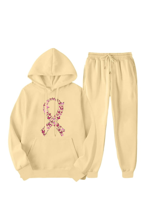 Woman Sweat Suits 2 Piece Set Womens Hoodie Long Sleeved Pullover Sweatpant Outfits Pocket Drawstring Print Tracksuit Stretchy Waist Trendy Jogger Sets Oversized Running Fall Suit