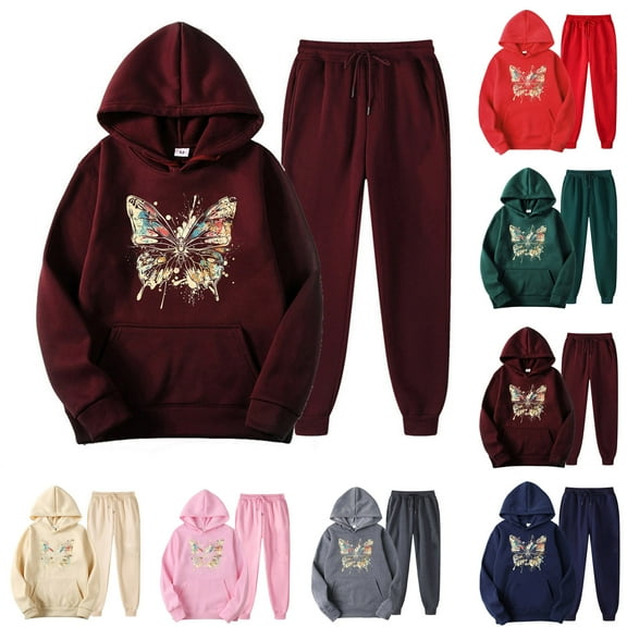 USSUMA Woman Sweatsuits 2 Piece Set Hoodie for Women Long Sleeved Pullover Sweatpant Outfits Pocket Drawstring Print Tracksuit Elastic Waist Stylish Jogger Sets Plus Size Daily Sports Fall Suit