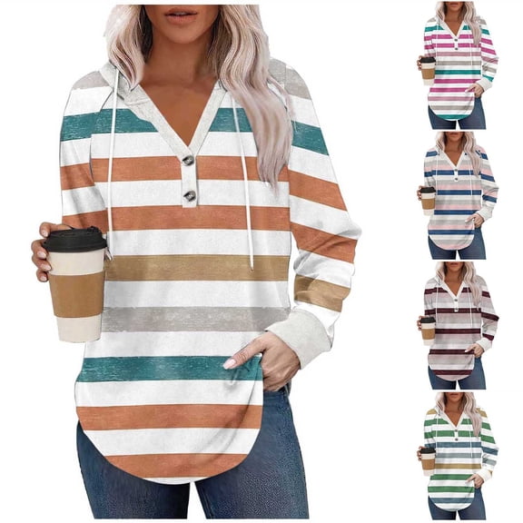 USSUMA Womans Hoodie Pullover for Womens Long Sleeved Buttton Drawstring Pullover Stripe Casual Loose Tops Ladies Gym Athletic Fall Winter Shirt Brown