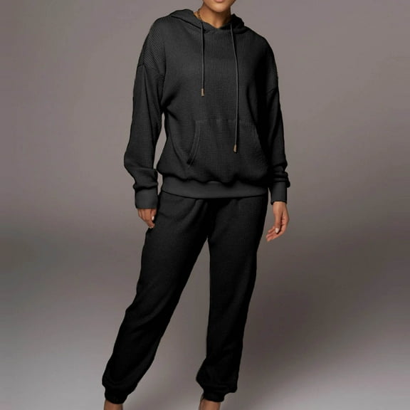 USSUMA Women 2 Piece Outfits Hoodie Sweatshirt for Women Long Sleeved Pullover Sweatpant Outfits Pocket Drawstring Solid Tracksuit Stretch Waist Leisure Jogger Sets Loose Running Fall Suit