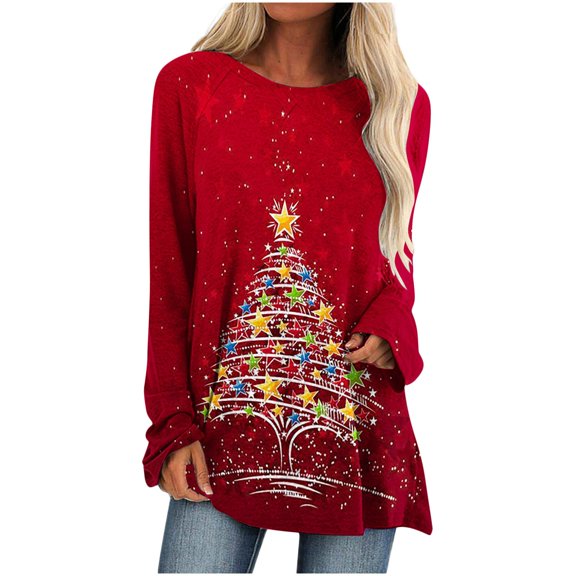 USSUMA Women Christmas Pullover Blouses, Plus Size Tunic Tops for Women Long-Sleeves Xmas Letter Santa Claus Design Blouses Daily Fashion Classic Fit Crewneck Crewneck Sweatshirt