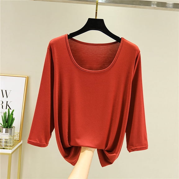USSUMA Women Clothing Summer Tops for Women 2025 Round Neck Short Sleeve 3/4 Sleeve Plus Size Tops for Women Solid Color Plain Loose Fit Casual Shirt Fashion T-Shirt Work Red Online Shopping L