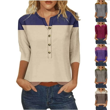USSUMA Women Clothing Tops for Women Trendy Round Neck 3/4 Sleeve Prints Loose Fit Button Vintage Shirt Comfortable Tee Business Army Green Polyester Summer Saving L