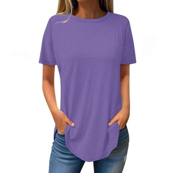 USSUMA Women Clothing Tops for Women Trendy Round Neck Short Sleeve Solid Color Plain Loose Fit Retro T-Shirt Comfortable Tshirt School Purple Polyester Holiday Gift Finder L