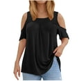 thumbnail image 1 of USSUMA Women Clothing Tops for Women Trendy Round Neck off Shoulder Short Sleeve Plus Size Tops for Women Loose Fit Elegant Tshirt Breathable T-Shirt Street Black Polyester Festival Gift XL, 1 of 5
