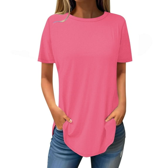 USSUMA Women Clothing Womens Summer Tops Round Neck Short Sleeve Solid Color Plain Loose Fit Casual Tee Breathable Tops Meeting Pink Polyester 50% off Clear XXL