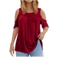 thumbnail image 1 of USSUMA Women Clothing Womens Summer Tops Round Neck off Shoulder Short Sleeve Plus Size Tops for Women Loose Fit Leisure Shirt Comfortable Shirt Climbing Red Polyester Festival Gift L, 1 of 5