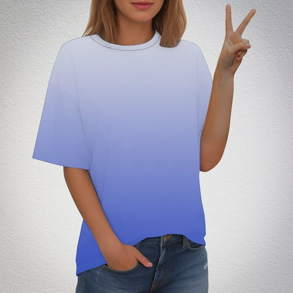 USSUMA Women Clothing Womens Tops Round Neck Short Sleeve Plus Size Tops for Women Gradient Printed Lounging Blouse Breathable Tops School Light Blue Polyester Summer Saving XXXXXL