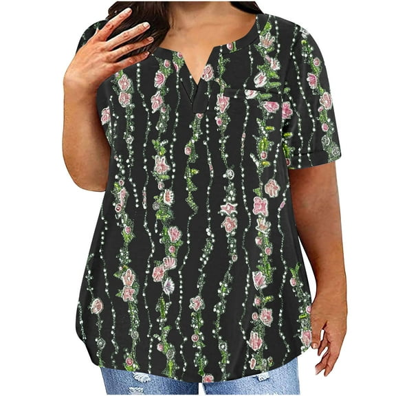 USSUMA Women Clothing Womens Tops Round Neck Short Sleeve Plus Size Tops for Women Prints Loose Fit Elegant Shirt Lightweight Tops Date Black Polyester Festival Gift XXXXXL