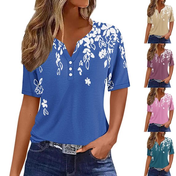USSUMA Women Clothing Womens Tops Round Neck Short Sleeve Prints Loose Fit Button Trendy Shirt Loose T-Shirt Climbing Army Green Polyester L