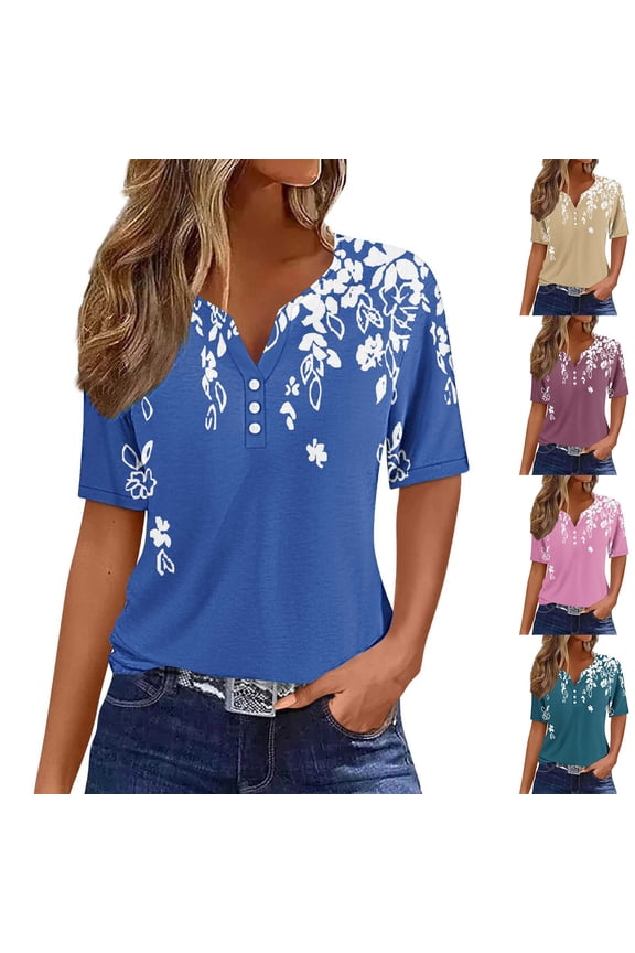 Women Clothing Womens Tops Round Neck Short Sleeve Prints Loose Fit Button Trendy Shirt Loose T-Shirt Climbing Army Green Polyester L