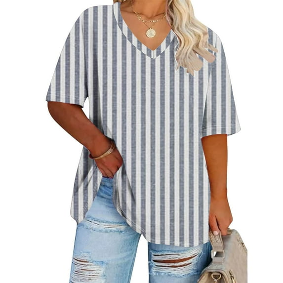 USSUMA Women Clothing Workout Tops for Women V Neck Short Sleeve Plus Size Tops for Women Prints Striped Lounging Tshirt Loose Blouse Travel Gray Polyester Sale XXXL