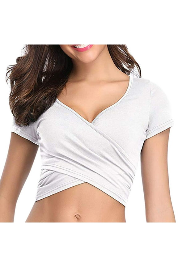USSUMA Women Deep V Neck Short Sleeve Unique Coss Wrap Blouse Crop Tops Deals White M