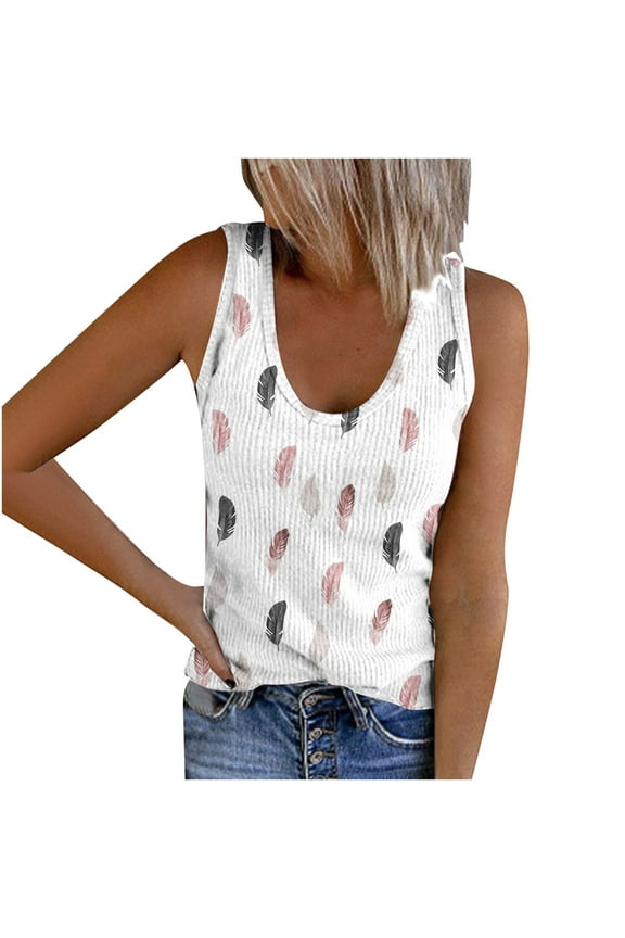 USSUMA Women Feather Print Tank Tops Round Neck Sleeveless Knit Ribbed Tops Summer Beach Shirts Blouses
