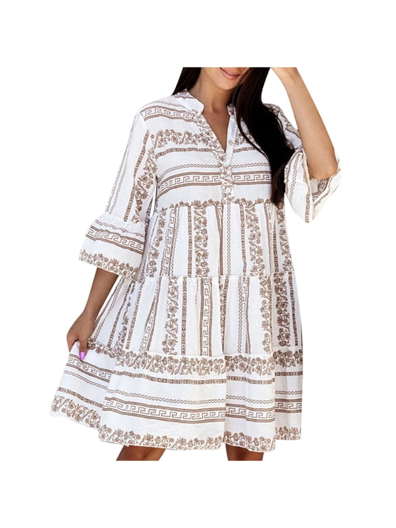 USSUMA Women Floral Knee-Length Tshirt Sundress, Long Sleeve Casual Dresses For Women Vintage Boho V Neck Prom Homecoming Dresses A-Line Peplum Sun Dress Stars Polka Dot Pattern