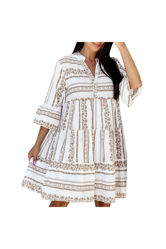 USSUMA Women Floral Knee-Length Tshirt Sundress, Long Sleeve Casual Dresses For Women Vintage Boho V Neck Prom Homecoming Dresses A-Line Peplum Sun Dress Stars Polka Dot Pattern