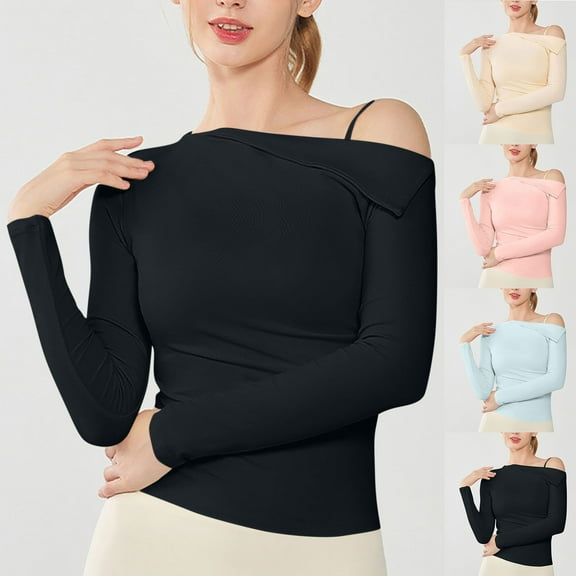 USSUMA Women Long Sleeve Modal Slim Fit Shirts, Fashion One Shoulder Neck Elegant Party Tops Lightweight Casual Y2k Blouse Online Shopping