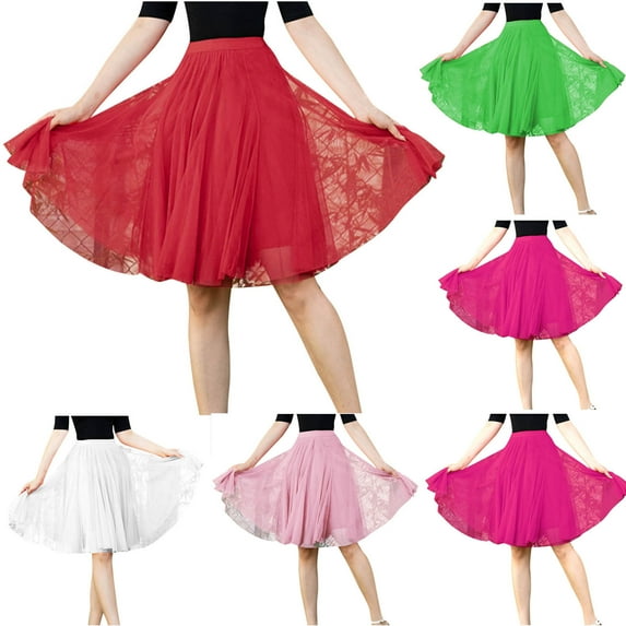 USSUMA Women'S Skirts Midi Skirt Solid Color High Waist Mid-Calf Skirt Mesh Floral Leisure Skirts Comfortable Skirt Business Holiday Saving Green Skirt for Women Polyester One Size