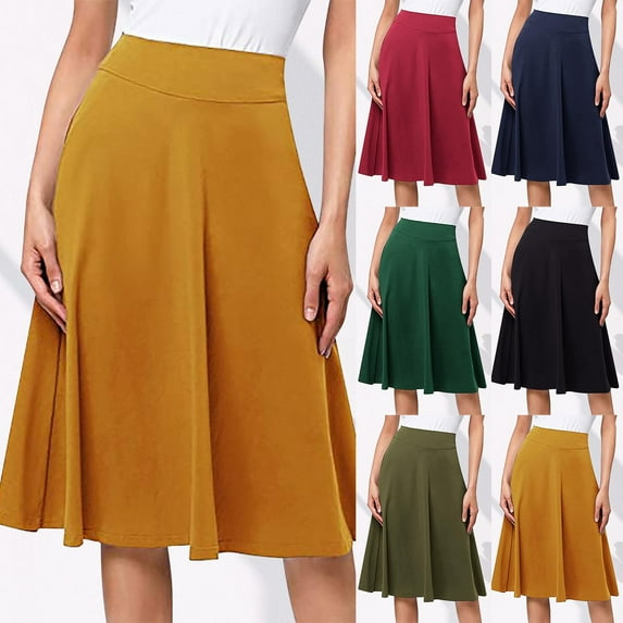 USSUMA Women'S Skirts Midi Skirt Solid Color High Waist Pleated High-Elastic Mid-Calf Skirt Casual Dresses Comfortable Skirts Meeting Festival Gift Army Green Skirt for Women L