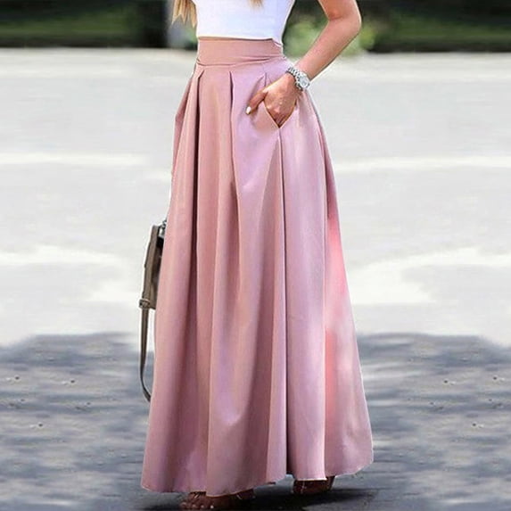 USSUMA Women'S Skirts Midi Skirt Solid Color High Waist Pleated Zipper Mid-Calf Skirt Casual Dresses Breathable Skirts Trekking Holiday Gift Finder Pink Skirt for Women Polyester XL