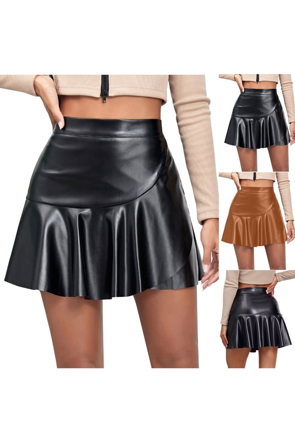 Women'S Skirts Midi Skirt Solid Color High Waist Ruffles Irregular Mid-Calf Skirt Leather Trendy Dresses Breathable Dresses Camping My Order Black Skirt for Women L