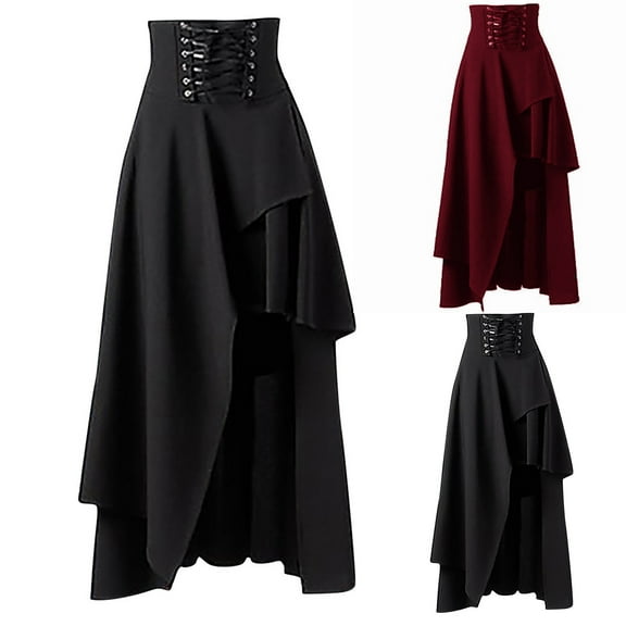 USSUMA Women'S Skirts Midi Skirt Solid Color High Waist Tie Irregular Mid-Calf Skirt Gothic Casual Dress Loose Skirt Gym Clearance Sale Black Skirt for Women L