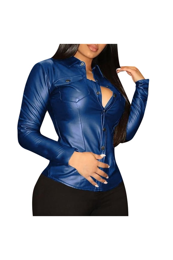 Women Shirts and Blouses Long Sleeve, Women Fashion PU Faux Leather Shirts Long Sleeve Collard Button Down Shirts Leather Jacket Tops for Female Fall