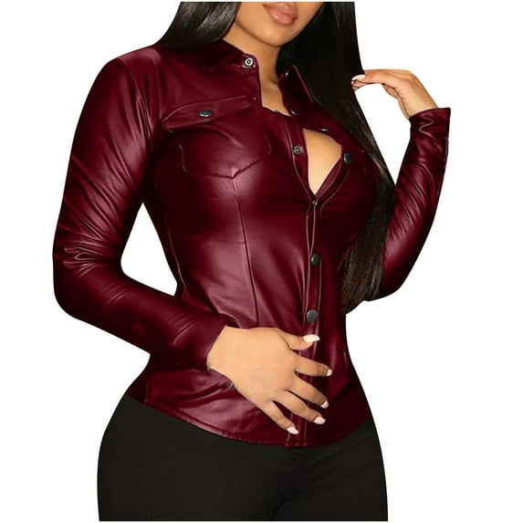 USSUMA Women Shirts and Blouses Long Sleeve, Women Fashion PU Faux Leather Shirts Long Sleeve Collard Button Down Shirts Leather Jacket Tops for Female Fall