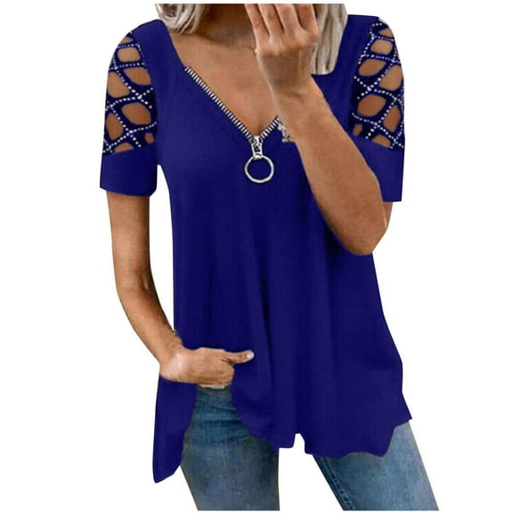 USSUMA Shirts for Women Dressy Casual Women Short Sleeve Strappy Cold Shoulder T-Shirt Tops Blouses Casual Loose Basic T Shirts Zipper V Neck Flowy Tunics